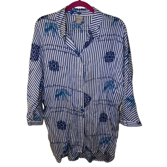 Chico's Striped travel theme button up Tunic top size 2 12/14 - Picture 1 of 9